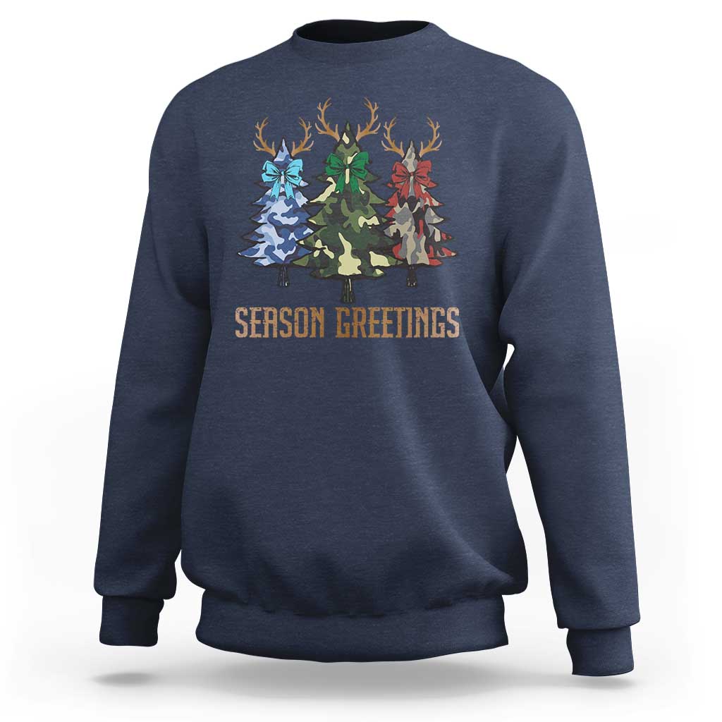Funny Christmas Hunting Sweatshirt Season Greetings Camouflage Xmas Tree Reindeers - Wonder Print Shop
