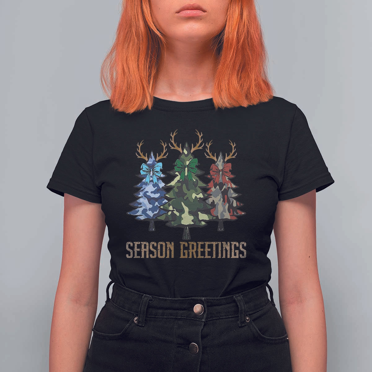 Funny Christmas Hunting T Shirt For Women Season Greetings Camouflage Xmas Tree Reindeers - Wonder Print Shop