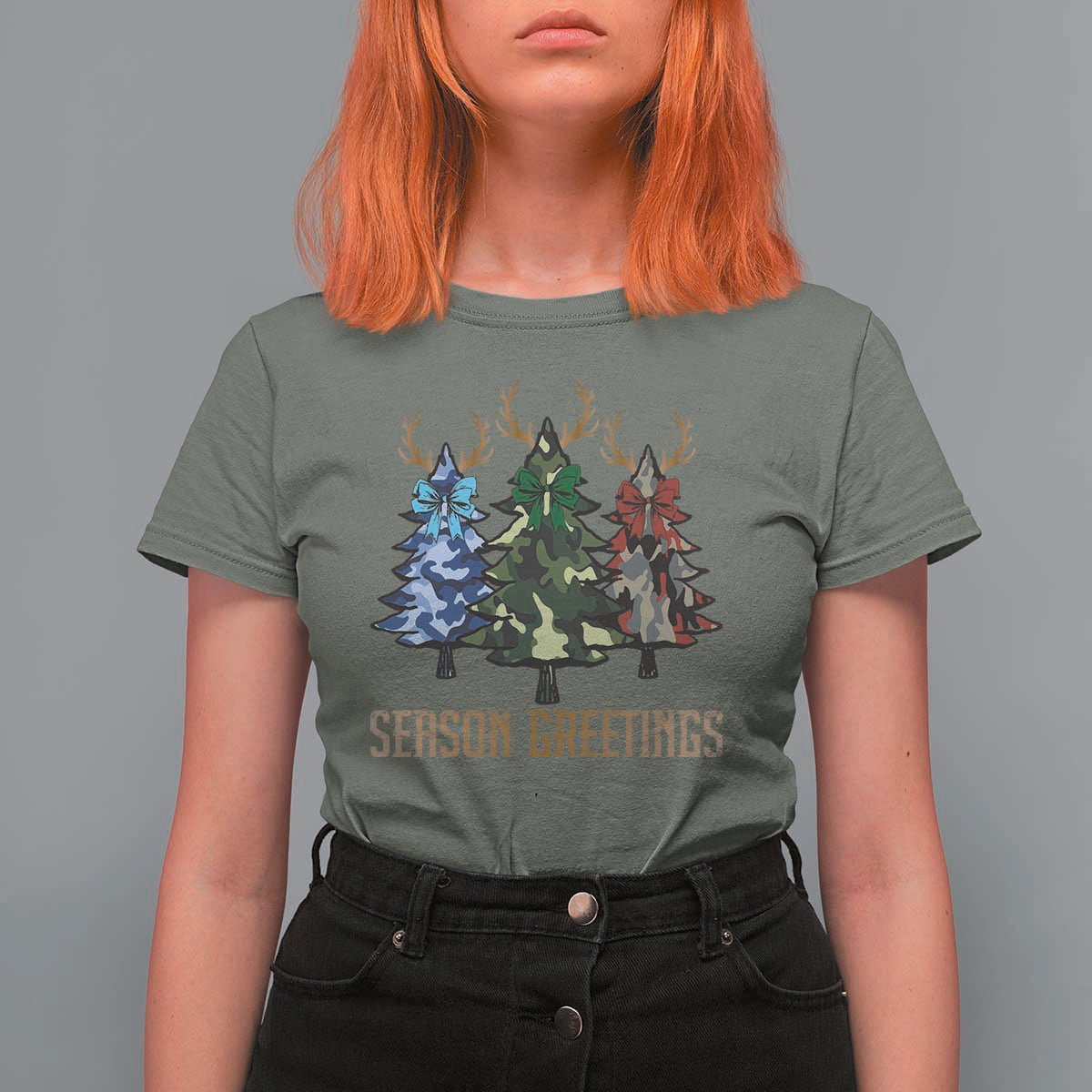 Funny Christmas Hunting T Shirt For Women Season Greetings Camouflage Xmas Tree Reindeers - Wonder Print Shop