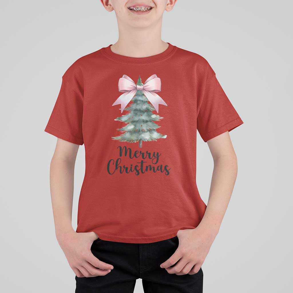 Funny Coquette Merry Christmas T Shirt For Kid Pink Bow Xmas Tree - Wonder Print Shop