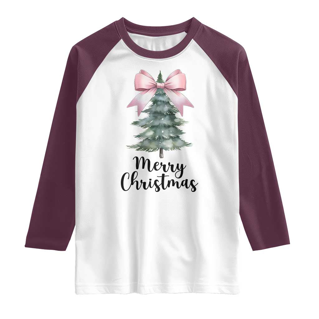 Funny Coquette Merry Christmas Raglan Shirt Pink Bow Xmas Tree - Wonder Print Shop