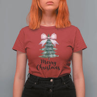 Funny Coquette Merry Christmas T Shirt For Women Pink Bow Xmas Tree - Wonder Print Shop