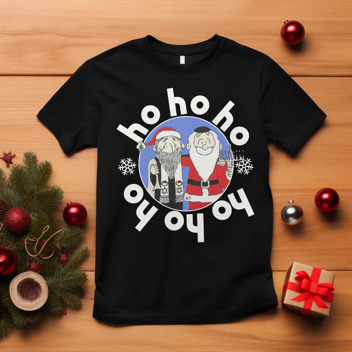 Funny Christmas Hanukkah T Shirt Triple Ho Yo Santa Hebrew Snowflake Menorah - Wonder Print Shop