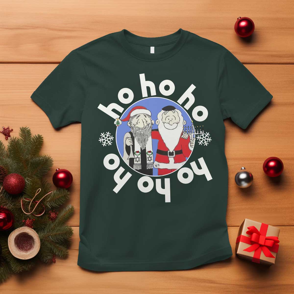 Funny Christmas Hanukkah T Shirt Triple Ho Yo Santa Hebrew Snowflake Menorah - Wonder Print Shop