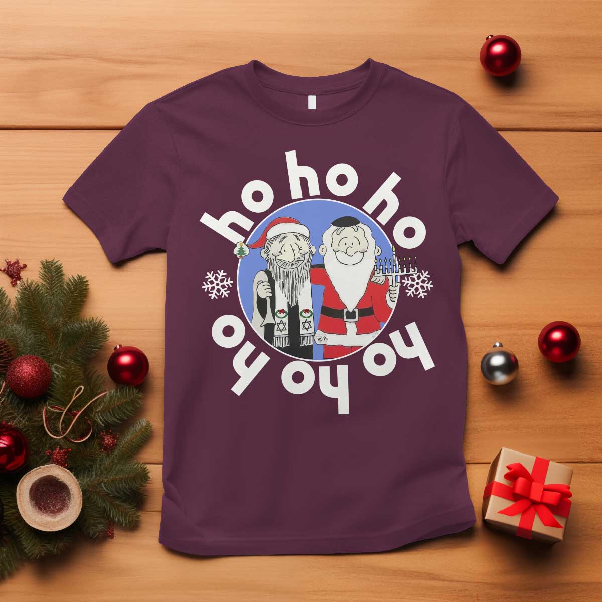 Funny Christmas Hanukkah T Shirt Triple Ho Yo Santa Hebrew Snowflake Menorah - Wonder Print Shop