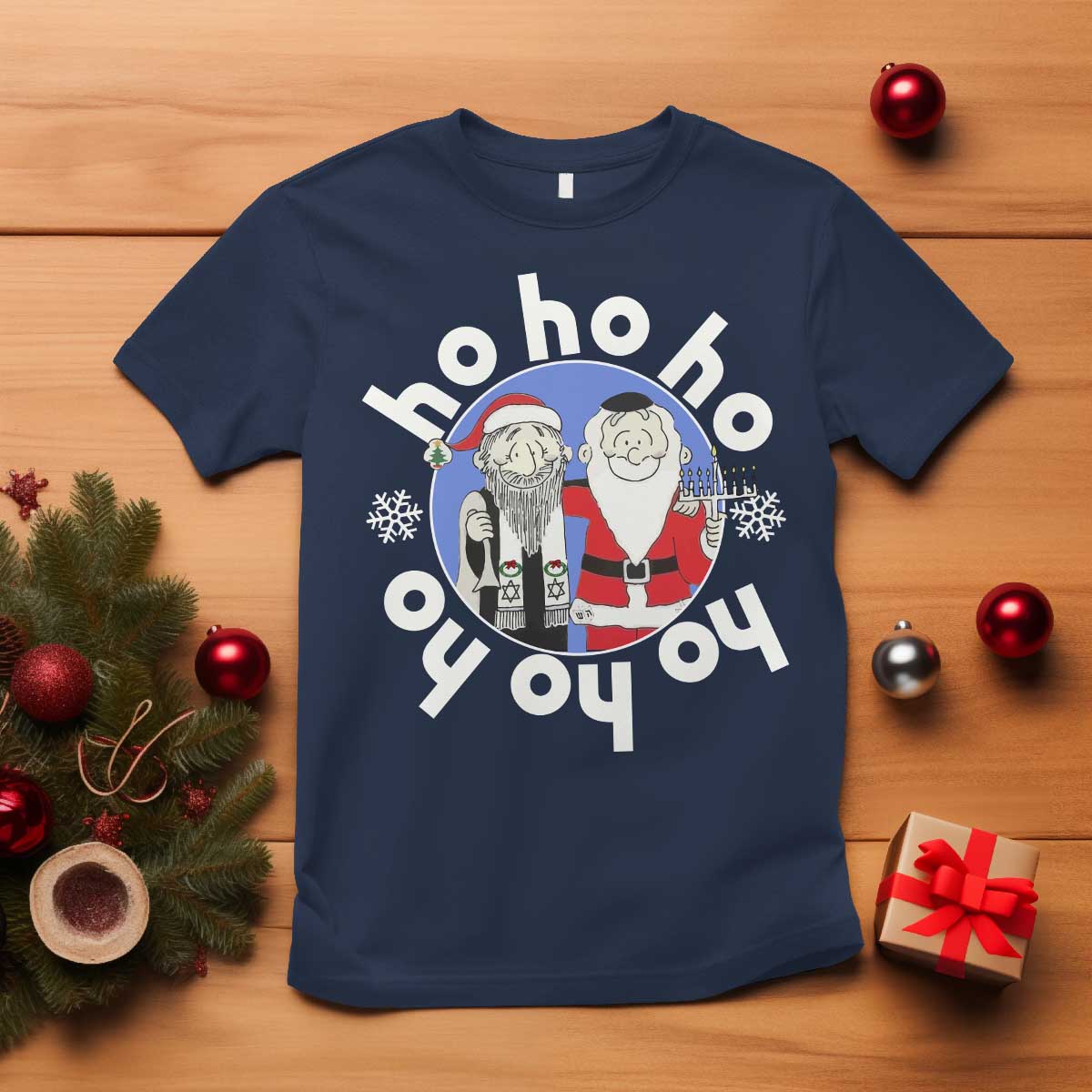 Funny Christmas Hanukkah T Shirt Triple Ho Yo Santa Hebrew Snowflake Menorah - Wonder Print Shop
