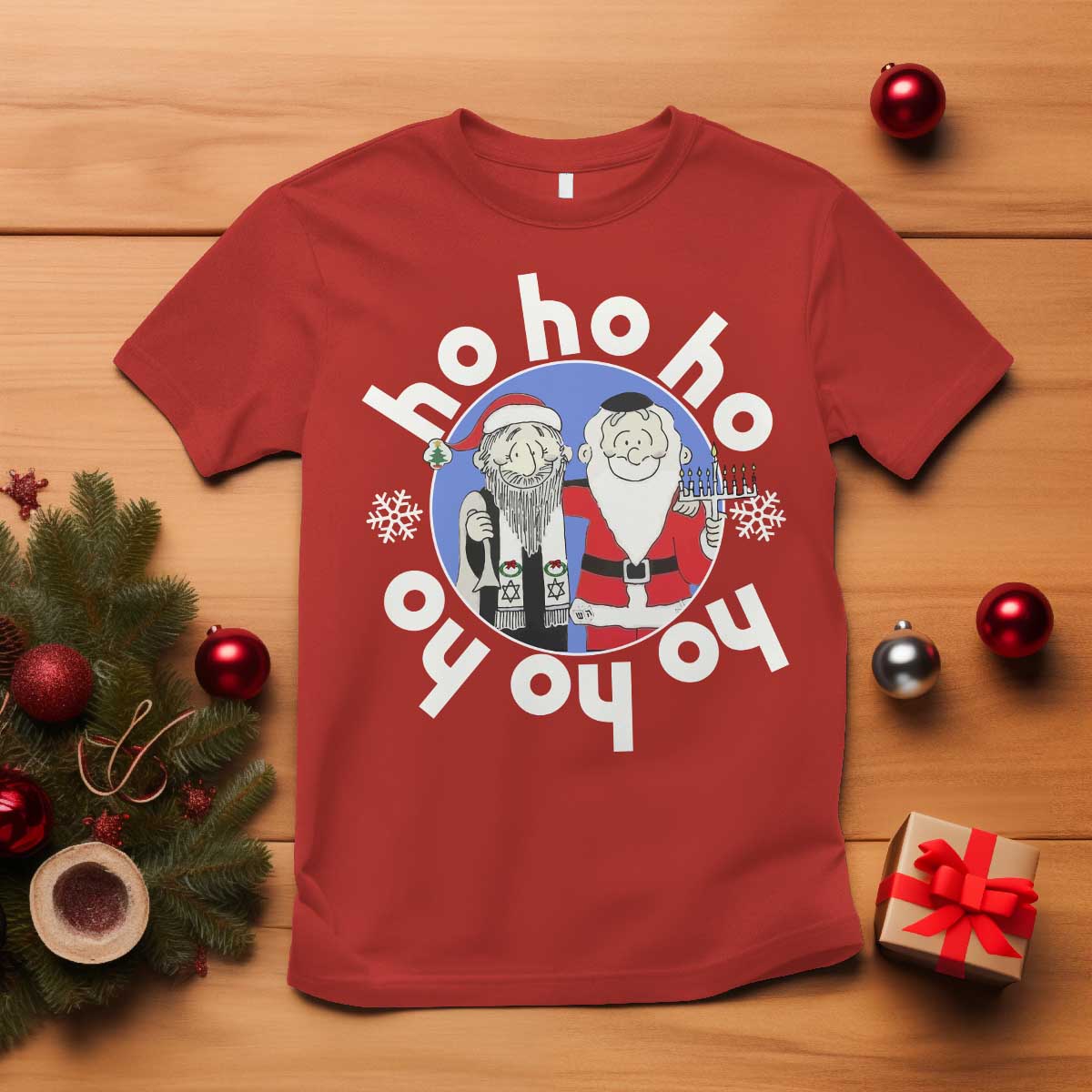 Funny Christmas Hanukkah T Shirt Triple Ho Yo Santa Hebrew Snowflake Menorah - Wonder Print Shop