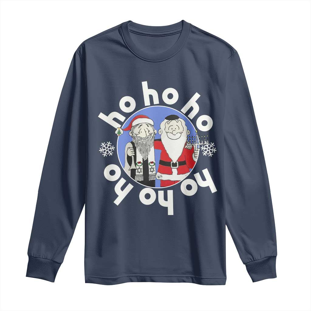 Funny Christmas Hanukkah Long Sleeve Shirt Triple Ho Yo Santa Hebrew Snowflake Menorah