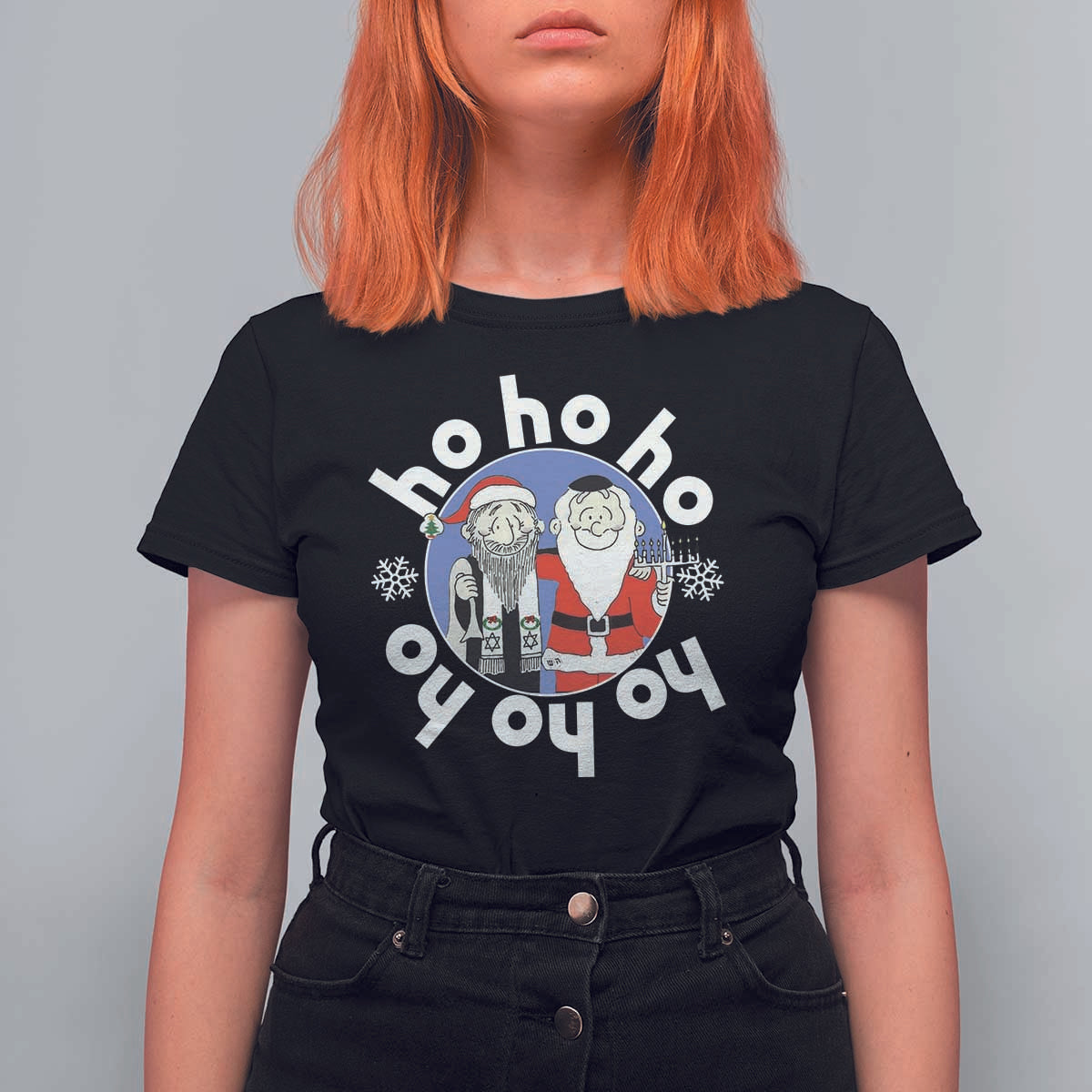 Funny Christmas Hanukkah T Shirt For Women Triple Ho Yo Santa Hebrew Snowflake Menorah - Wonder Print Shop