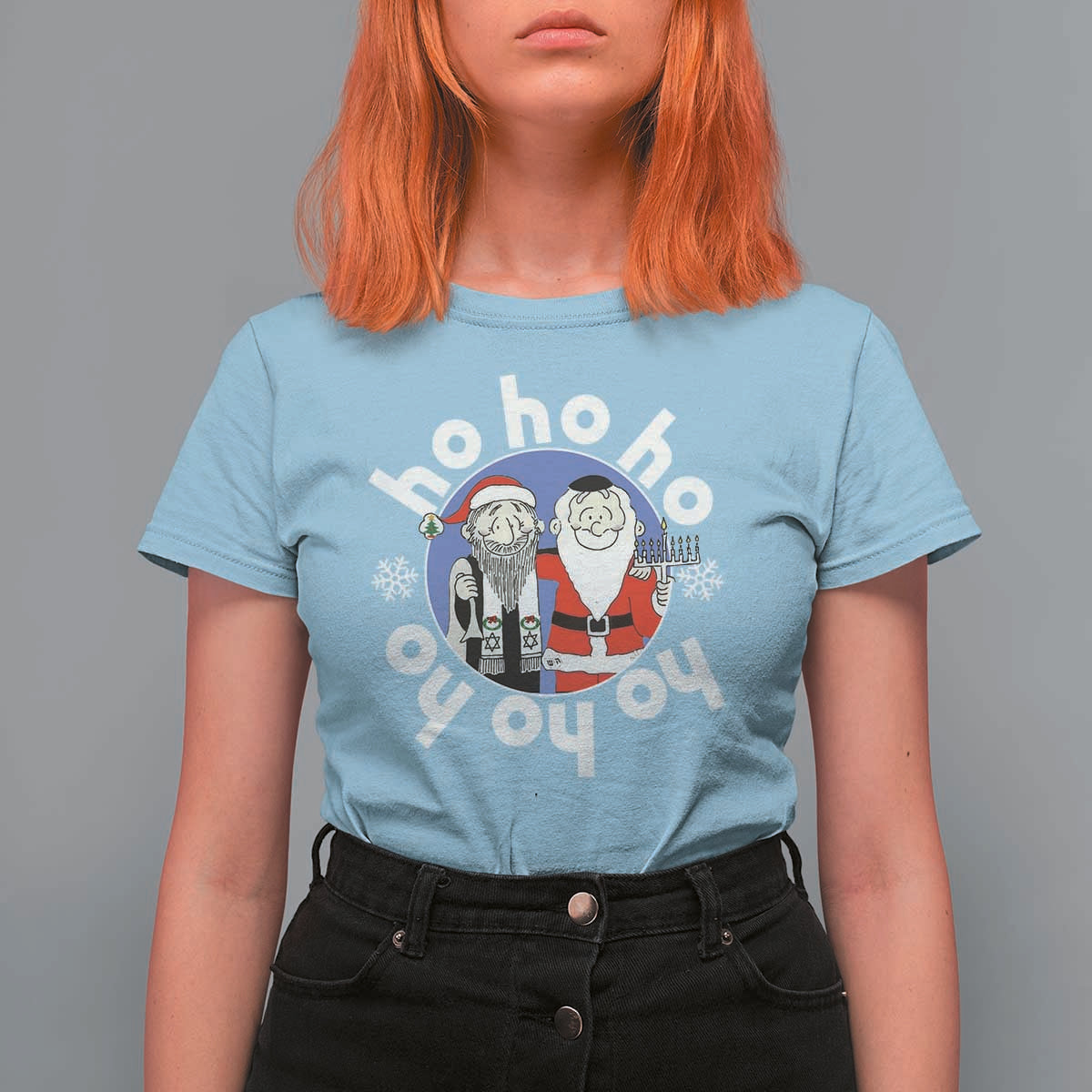 Funny Christmas Hanukkah T Shirt For Women Triple Ho Yo Santa Hebrew Snowflake Menorah - Wonder Print Shop