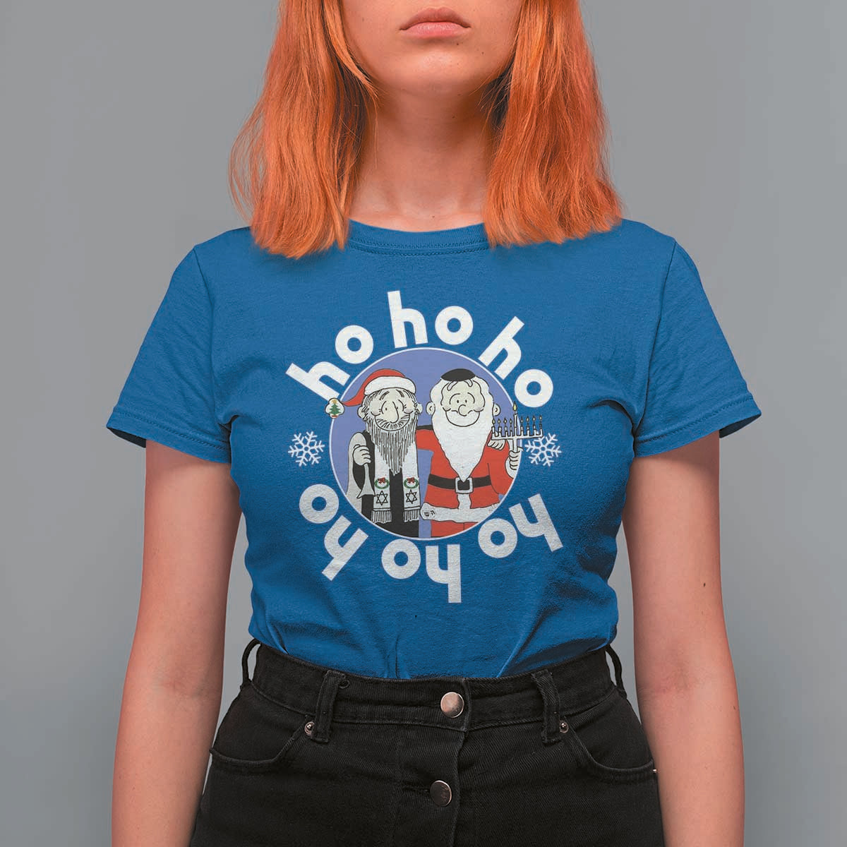 Funny Christmas Hanukkah T Shirt For Women Triple Ho Yo Santa Hebrew Snowflake Menorah - Wonder Print Shop