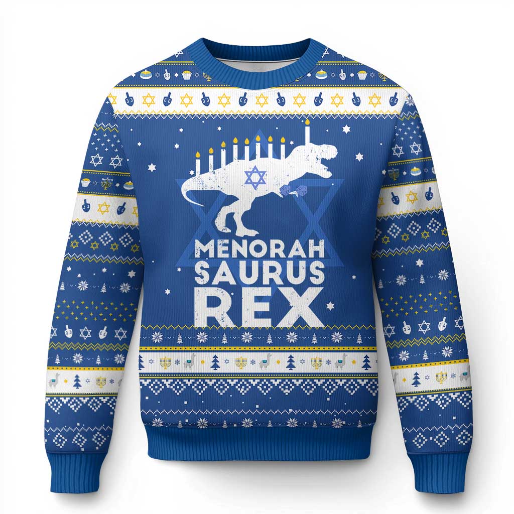 Funny Menorah Saurus Rex Dinosaur David Star Hanukkah Ugly Sweater - Wonder Print Shop