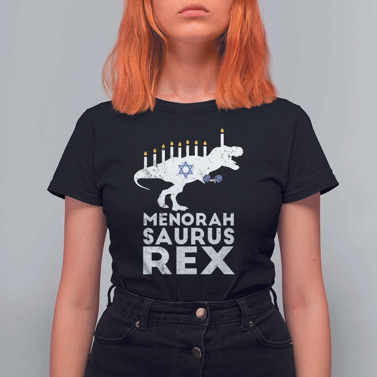 Funny Hanukkah T Shirt For Women Menorah Saurus Rex Dinosaur David Star - Wonder Print Shop
