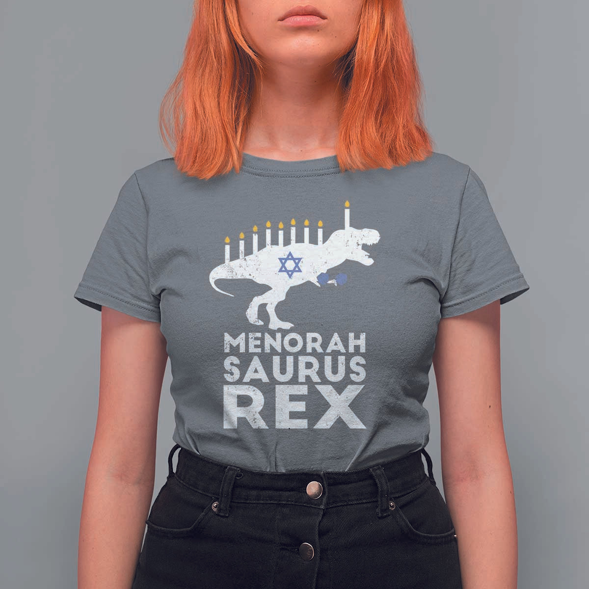 Funny Hanukkah T Shirt For Women Menorah Saurus Rex Dinosaur David Star - Wonder Print Shop