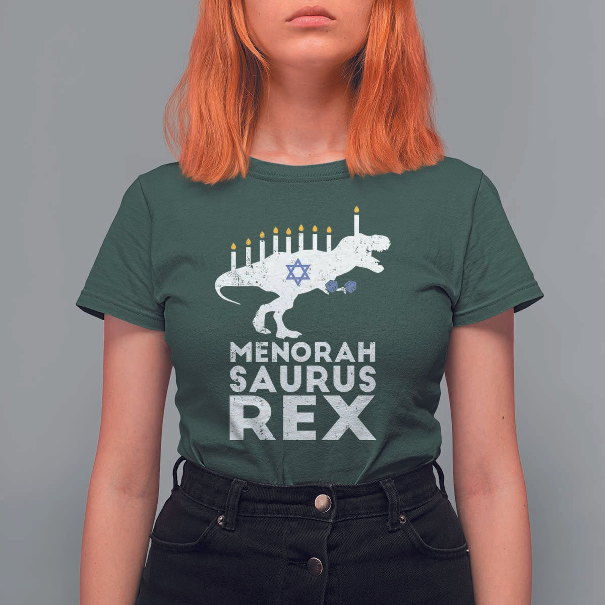 Funny Hanukkah T Shirt For Women Menorah Saurus Rex Dinosaur David Star - Wonder Print Shop