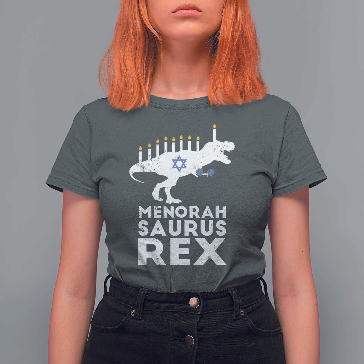 Funny Hanukkah T Shirt For Women Menorah Saurus Rex Dinosaur David Star - Wonder Print Shop