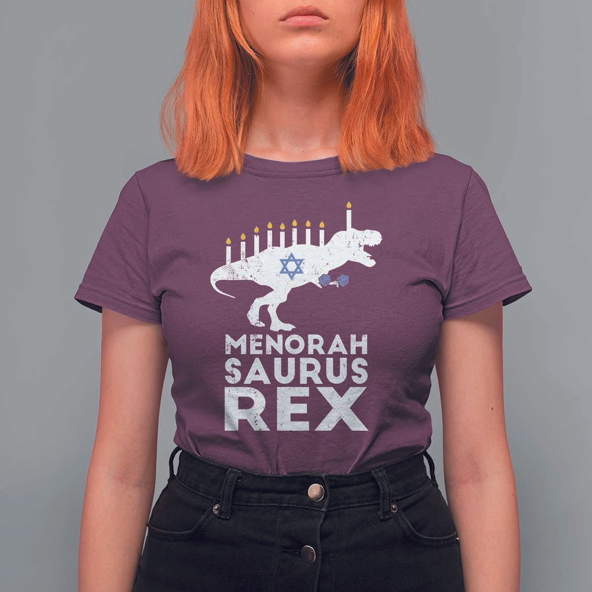 Funny Hanukkah T Shirt For Women Menorah Saurus Rex Dinosaur David Star - Wonder Print Shop