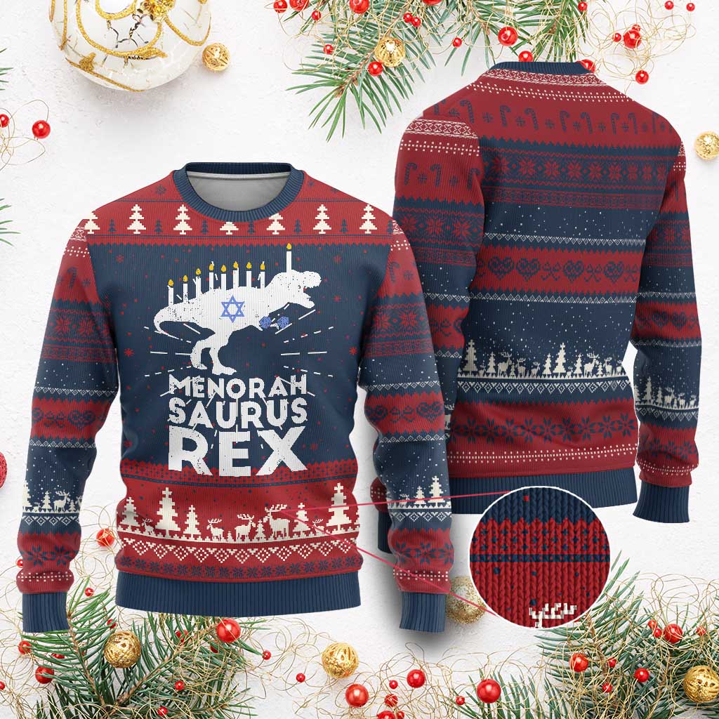 Funny Hanukkah Ugly Christmas Sweater Menorah Saurus Rex Dinosaur David Star - Wonder Print Shop