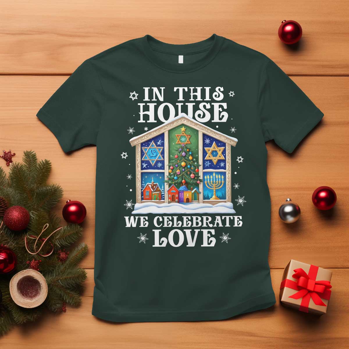 Funny Hanukkah Christmas T Shirt In This House We Celebrate Love Chrismukkah - Wonder Print Shop