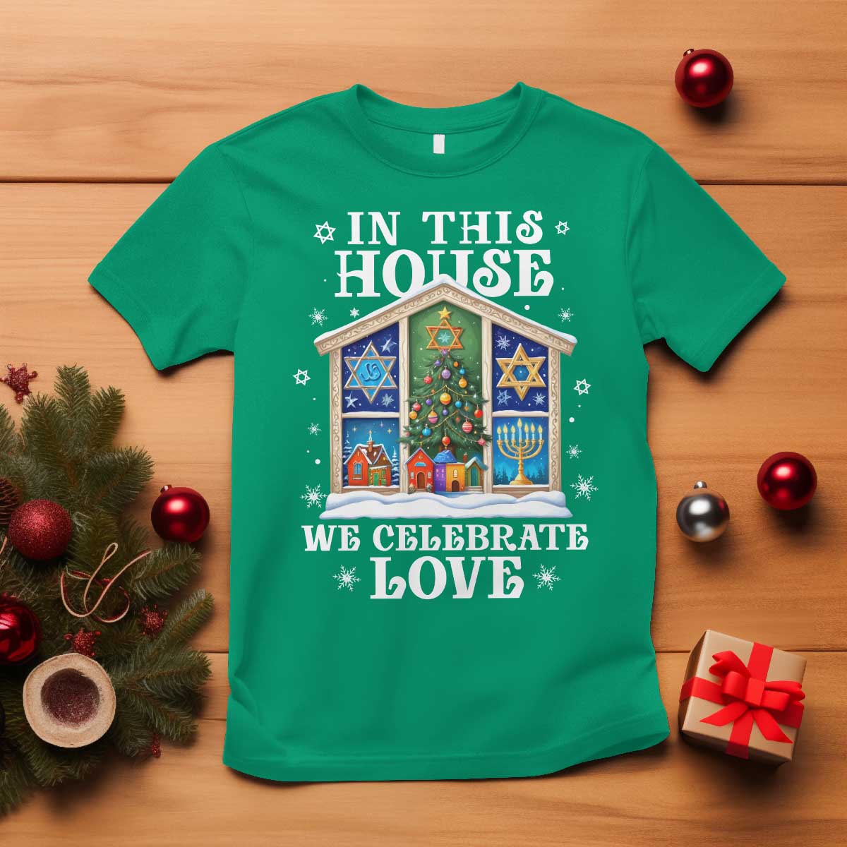 Funny Hanukkah Christmas T Shirt In This House We Celebrate Love Chrismukkah - Wonder Print Shop