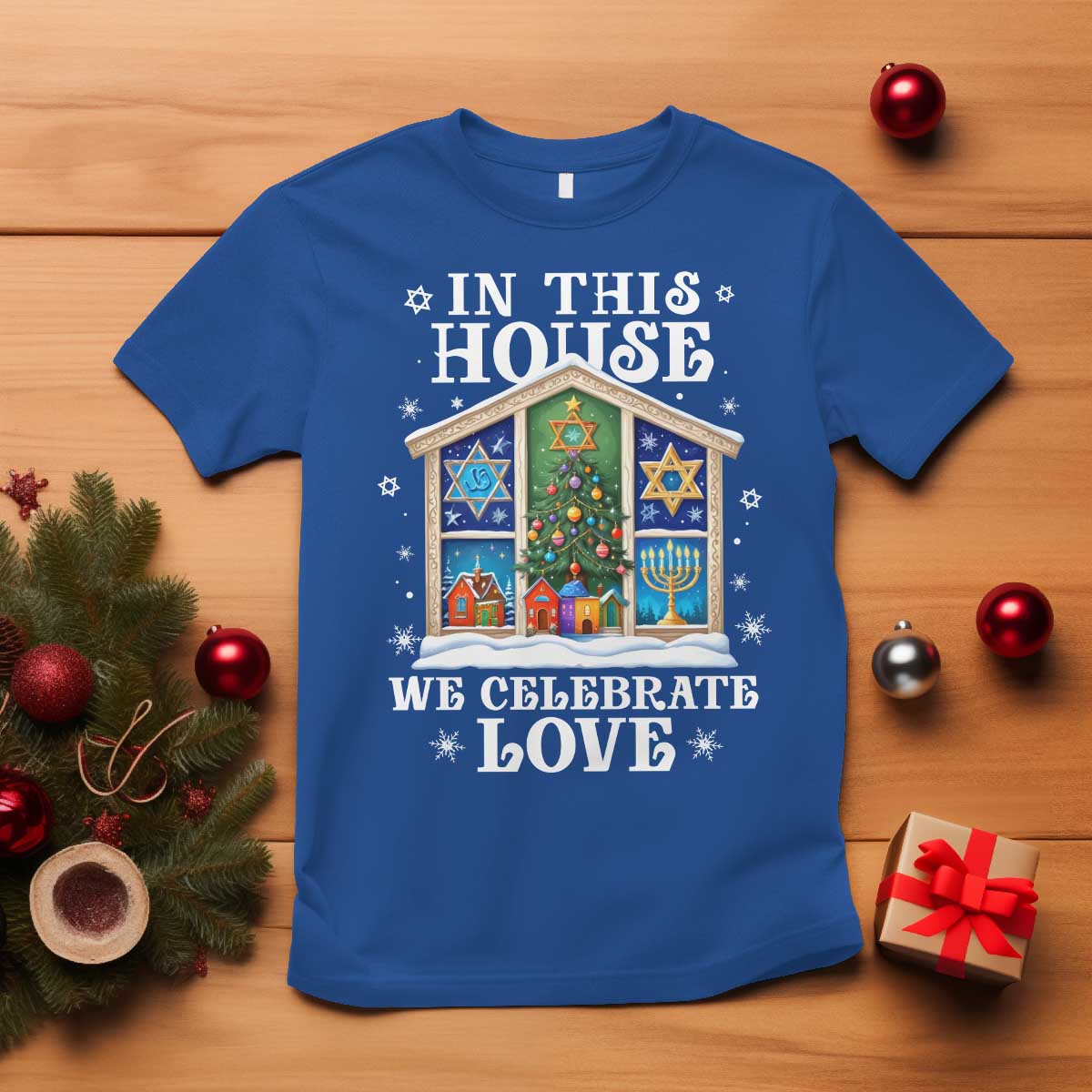 Funny Hanukkah Christmas T Shirt In This House We Celebrate Love Chrismukkah - Wonder Print Shop