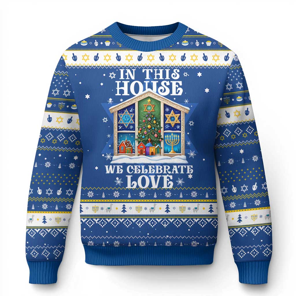 Funny Chanukah Christmas Hanukkah Ugly Sweater In This House We Celebrate Love Chrismukkah - Wonder Print Shop