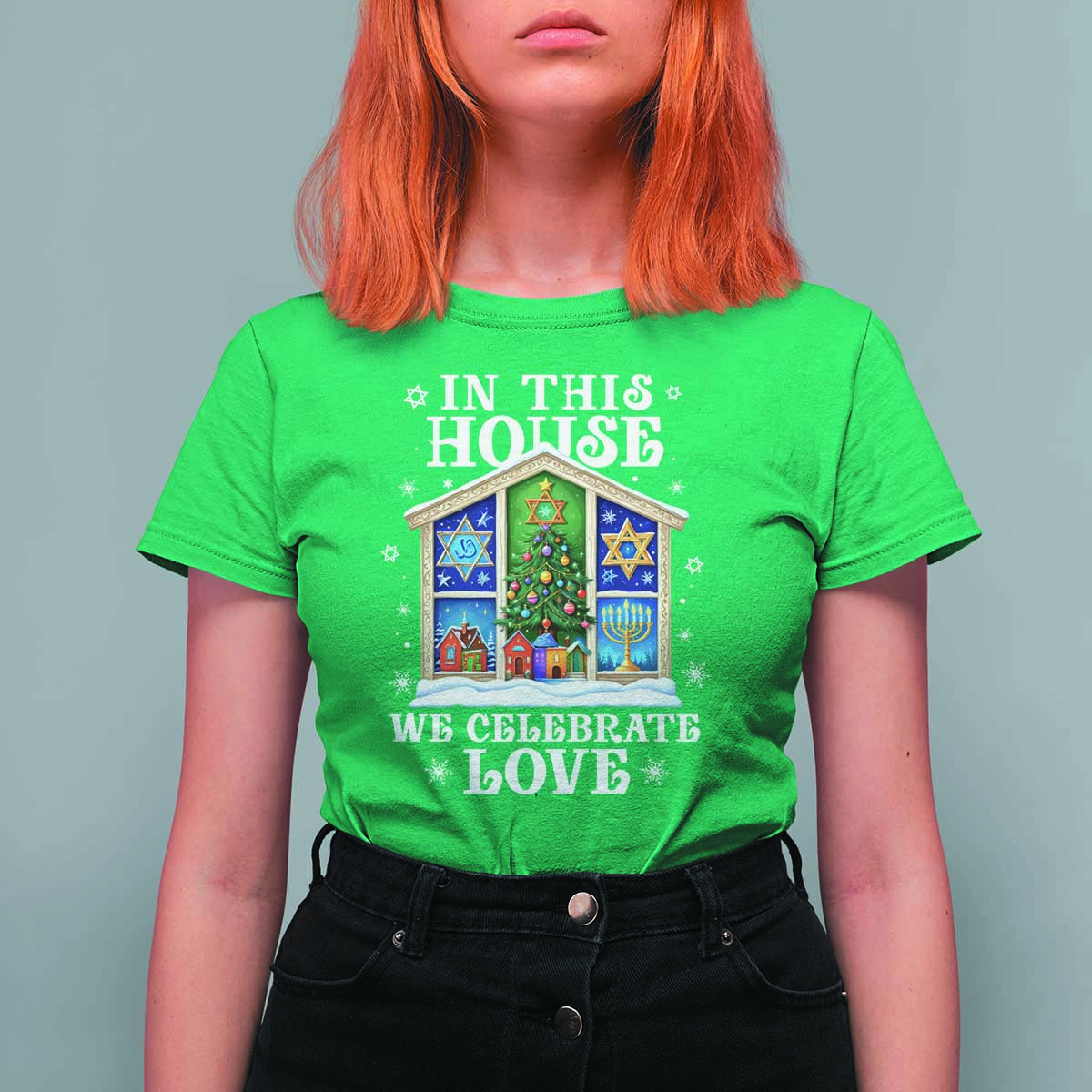 Funny Hanukkah Christmas T Shirt For Women In This House We Celebrate Love Chrismukkah - Wonder Print Shop