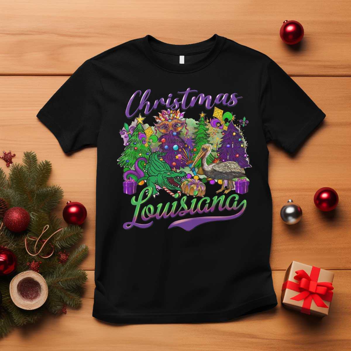 Christmas Cajun Louisiana Saint Symbol Alligator Pelican Xmas Tree T Shirt - Wonder Print Shop
