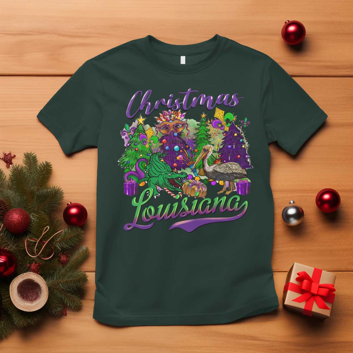 Christmas Cajun Louisiana Saint Symbol Alligator Pelican Xmas Tree T Shirt - Wonder Print Shop