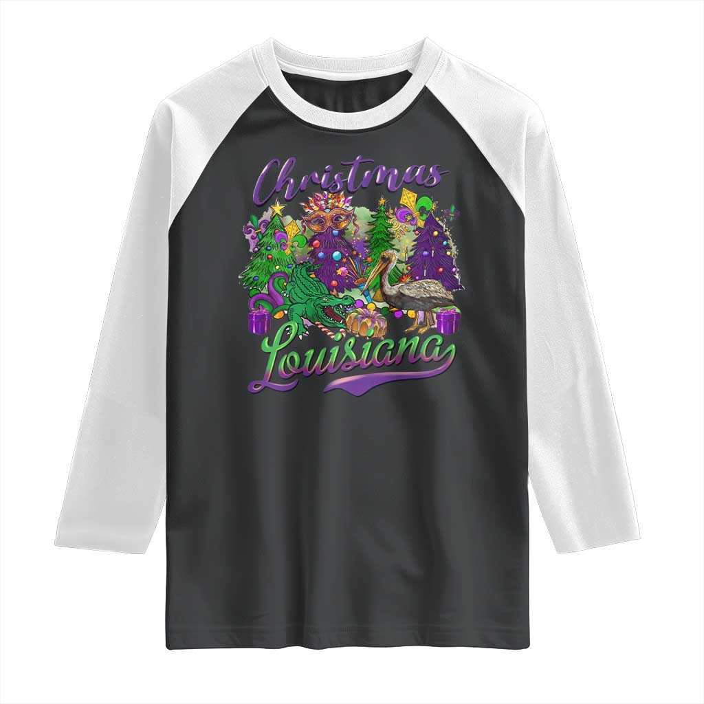 Christmas Cajun Louisiana Saint Symbol Alligator Pelican Xmas Tree Raglan Shirt - Wonder Print Shop