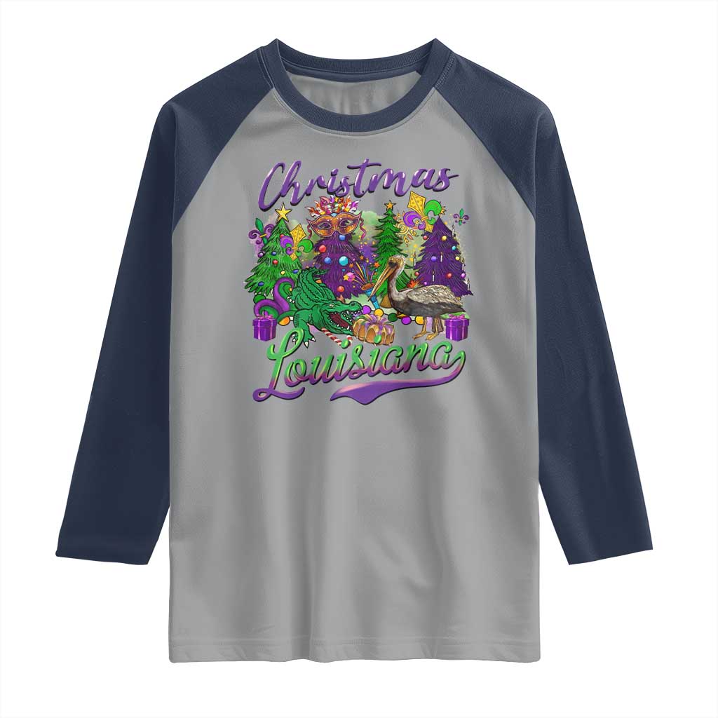 Christmas Cajun Louisiana Saint Symbol Alligator Pelican Xmas Tree Raglan Shirt - Wonder Print Shop