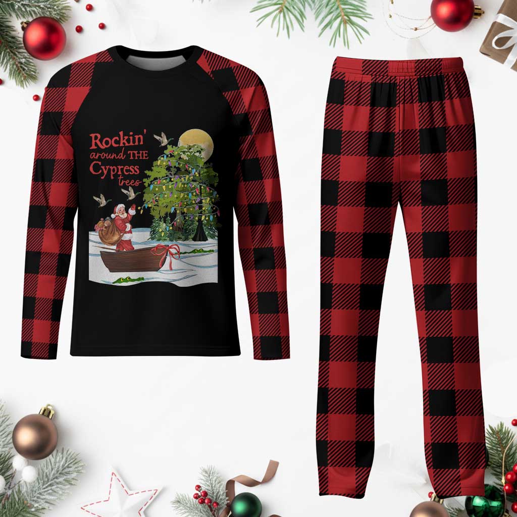 Funny Xmas Cajun Louisiana Plaid Pajama Set Rockin' Around The Cypress Trees Santa Alligator - Wonder Print Shop