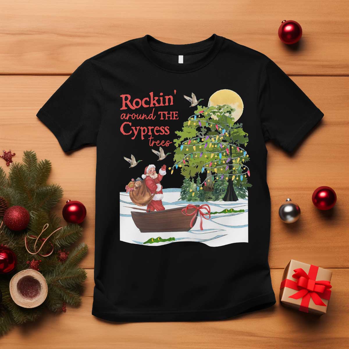 Funny Christmas Cajun Louisiana T Shirt Rockin' Around The Cypress Trees Santa Alligator - Wonder Print Shop