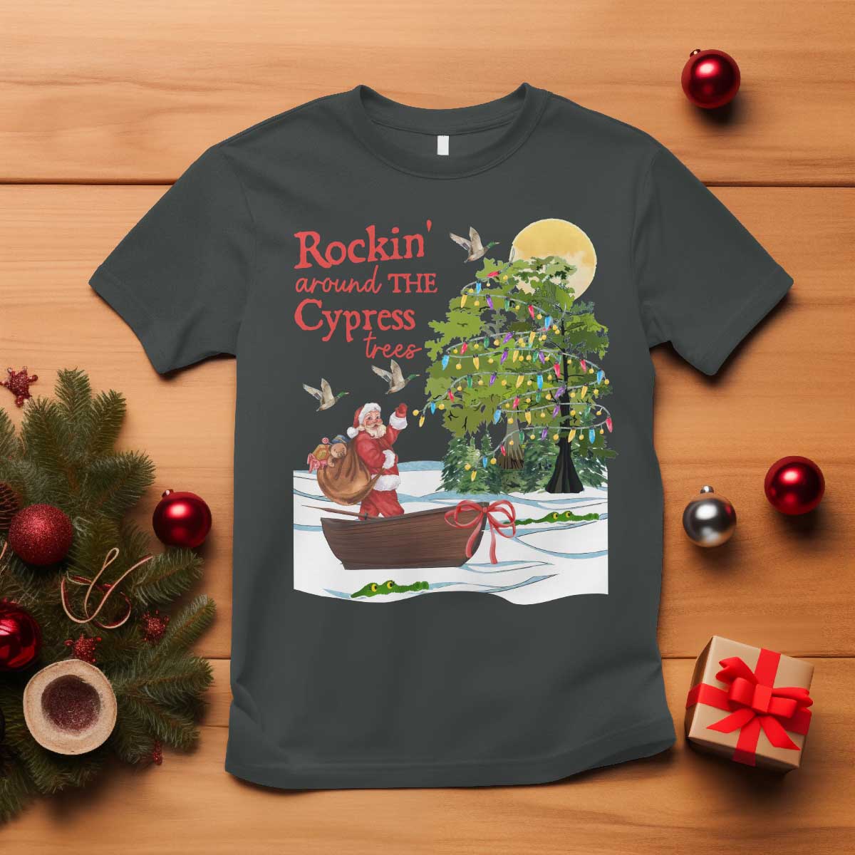 Funny Christmas Cajun Louisiana T Shirt Rockin' Around The Cypress Trees Santa Alligator - Wonder Print Shop