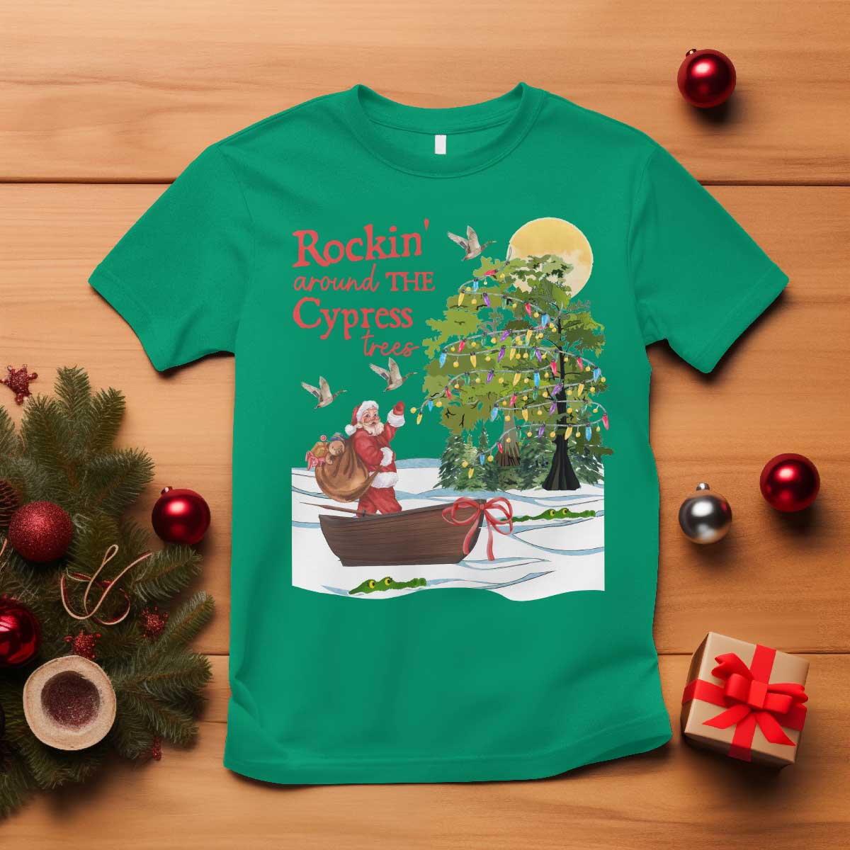 Funny Christmas Cajun Louisiana T Shirt Rockin' Around The Cypress Trees Santa Alligator - Wonder Print Shop