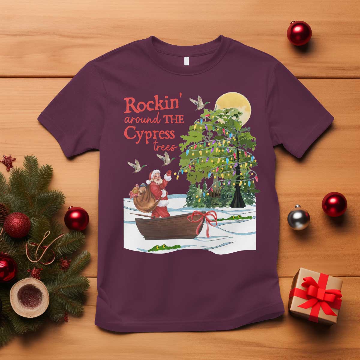 Funny Christmas Cajun Louisiana T Shirt Rockin' Around The Cypress Trees Santa Alligator - Wonder Print Shop