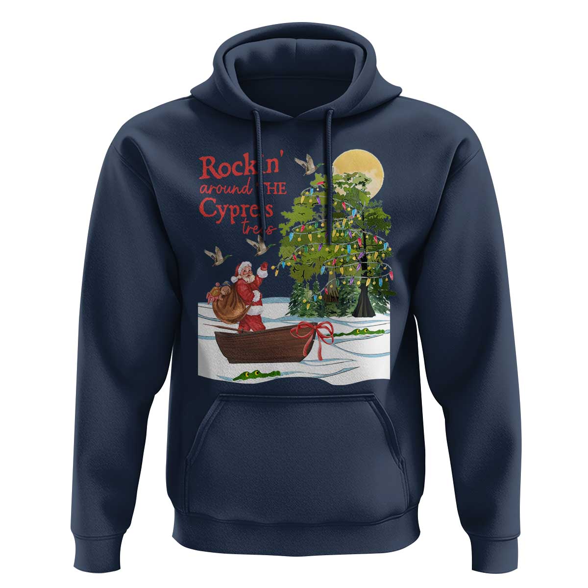 Funny Christmas Cajun Louisiana Hoodie Rockin' Around The Cypress Trees Santa Alligator