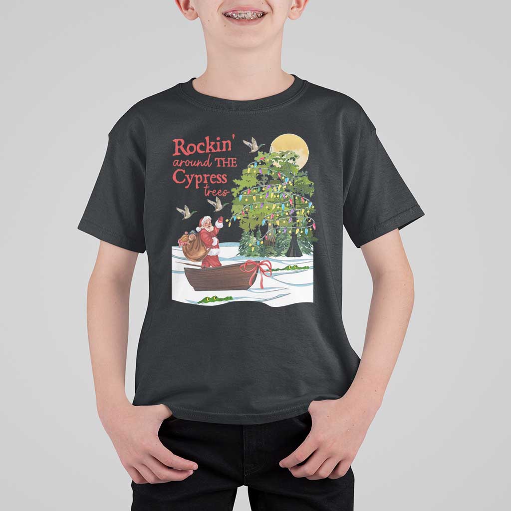 Funny Christmas Cajun Louisiana T Shirt For Kid Rockin' Around The Cypress Trees Santa Alligator - Wonder Print Shop