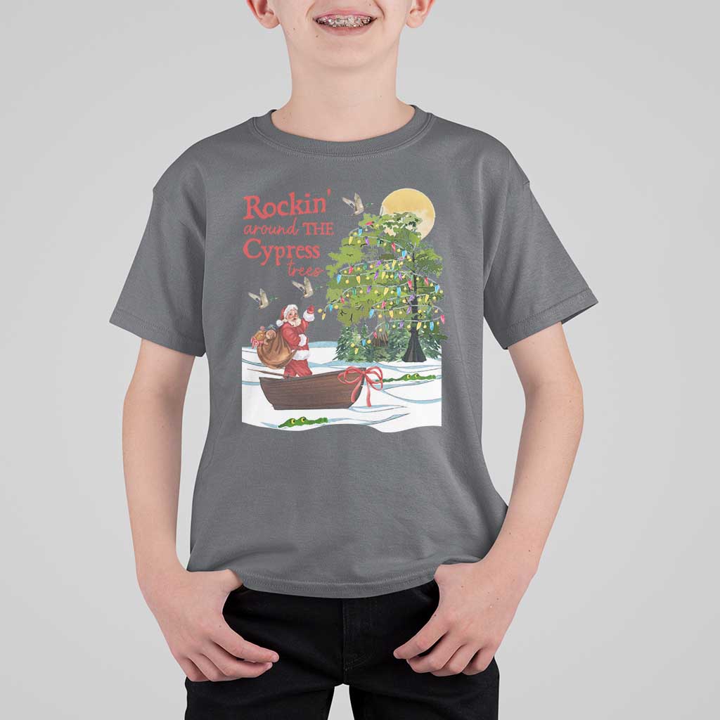 Funny Christmas Cajun Louisiana T Shirt For Kid Rockin' Around The Cypress Trees Santa Alligator - Wonder Print Shop