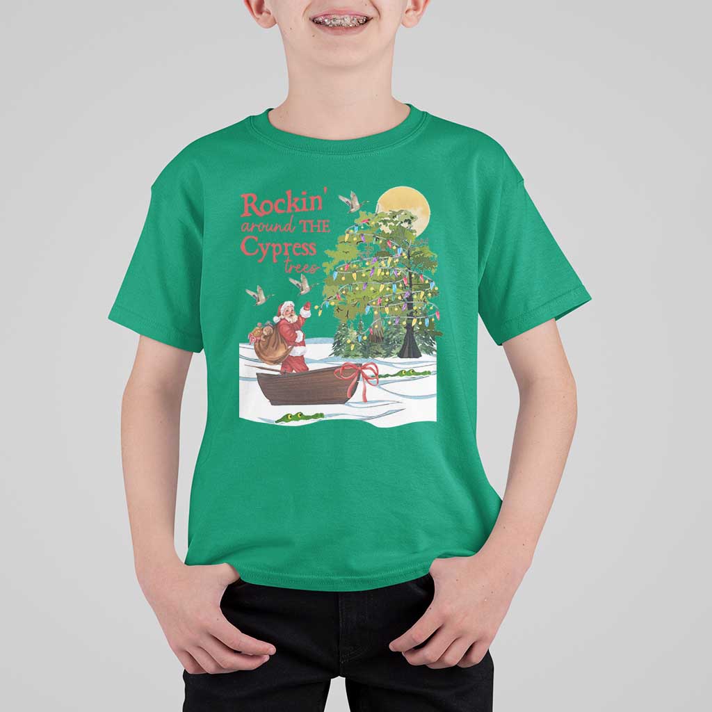Funny Christmas Cajun Louisiana T Shirt For Kid Rockin' Around The Cypress Trees Santa Alligator - Wonder Print Shop