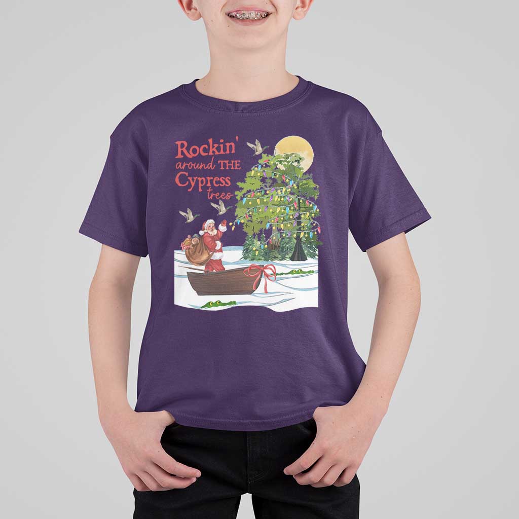 Funny Christmas Cajun Louisiana T Shirt For Kid Rockin' Around The Cypress Trees Santa Alligator - Wonder Print Shop