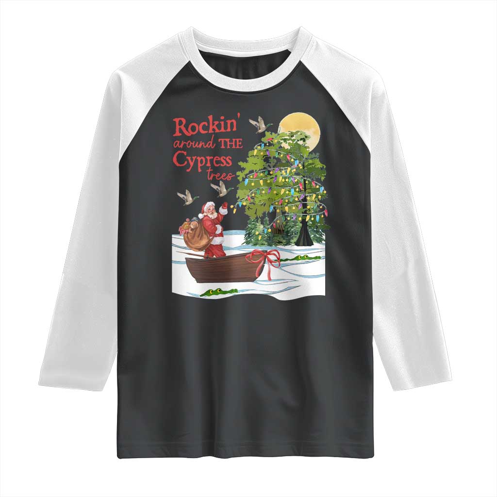 Funny Christmas Cajun Louisiana Raglan Shirt Rockin' Around The Cypress Trees Santa Alligator - Wonder Print Shop