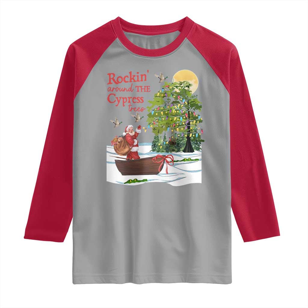 Funny Christmas Cajun Louisiana Raglan Shirt Rockin' Around The Cypress Trees Santa Alligator - Wonder Print Shop