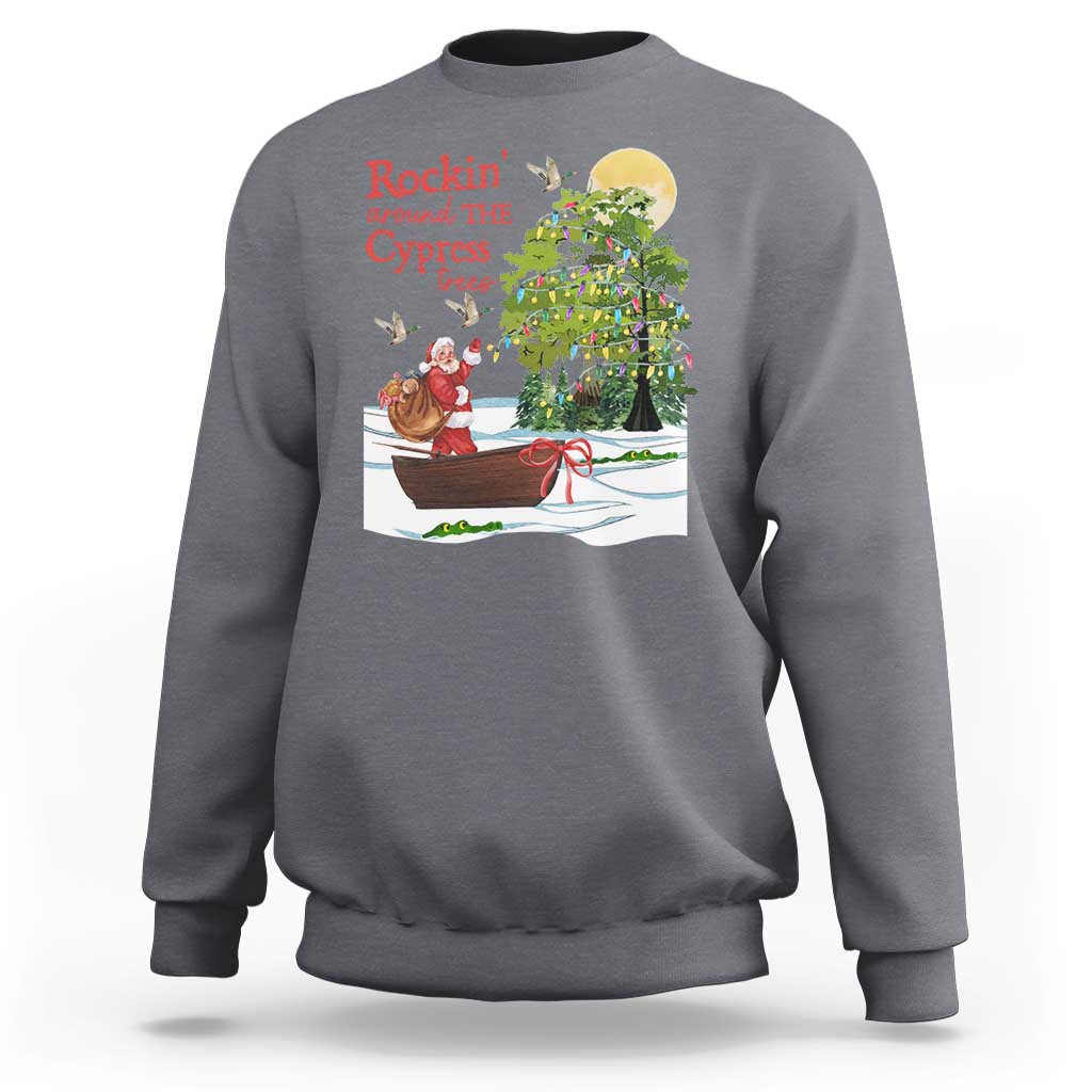 Funny Christmas Cajun Louisiana Sweatshirt Rockin' Around The Cypress Trees Santa Alligator - Wonder Print Shop
