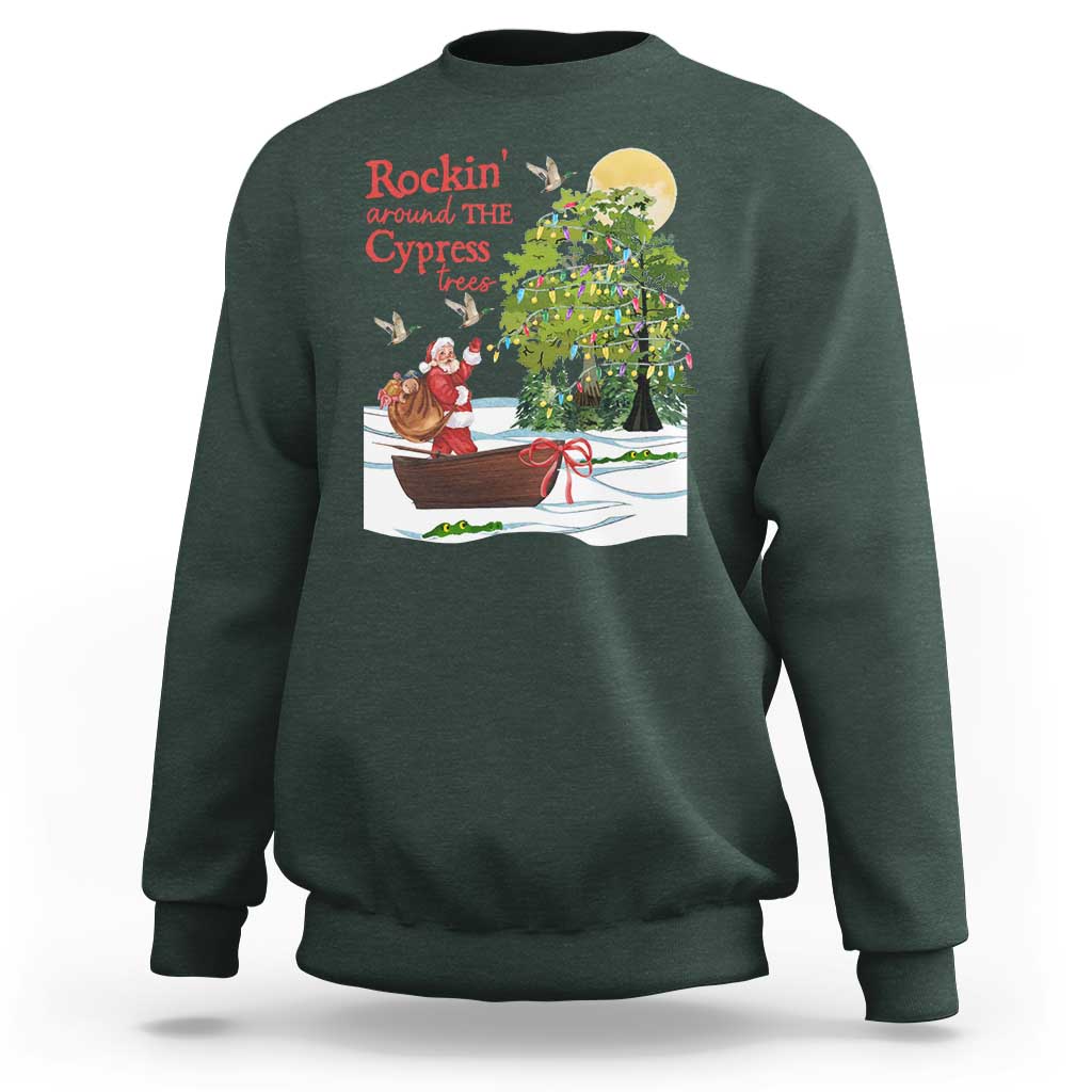 Funny Christmas Cajun Louisiana Sweatshirt Rockin' Around The Cypress Trees Santa Alligator - Wonder Print Shop