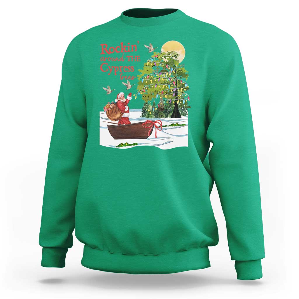 Funny Christmas Cajun Louisiana Sweatshirt Rockin' Around The Cypress Trees Santa Alligator - Wonder Print Shop