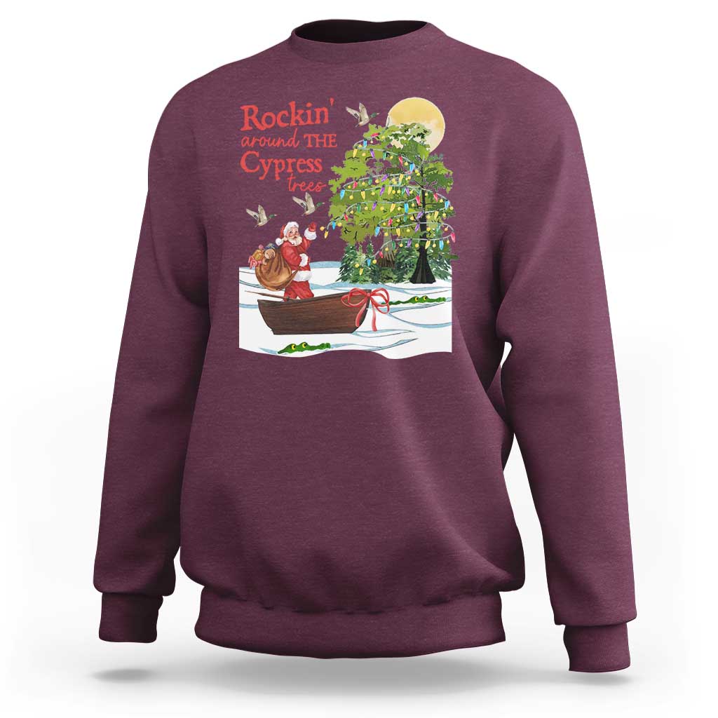 Funny Christmas Cajun Louisiana Sweatshirt Rockin' Around The Cypress Trees Santa Alligator - Wonder Print Shop