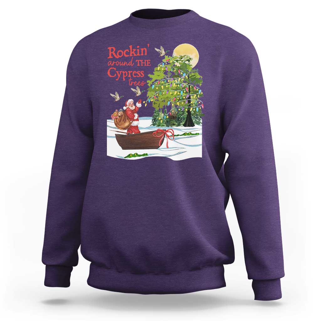 Funny Christmas Cajun Louisiana Sweatshirt Rockin' Around The Cypress Trees Santa Alligator - Wonder Print Shop