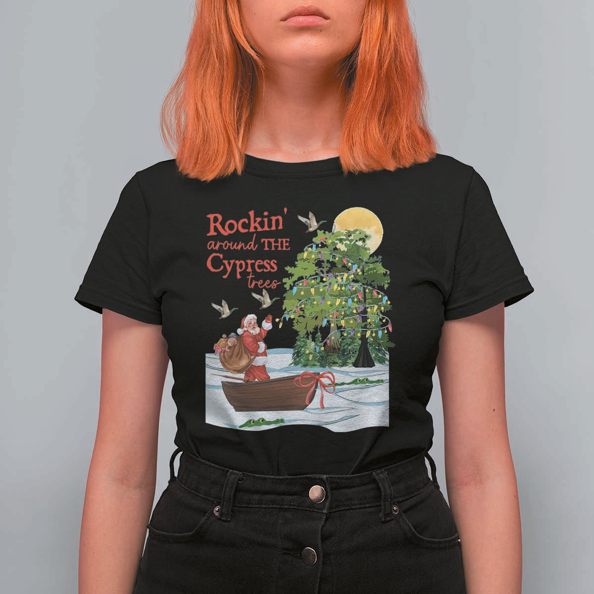 Funny Christmas Cajun Louisiana T Shirt For Women Rockin' Around The Cypress Trees Santa Alligator - Wonder Print Shop