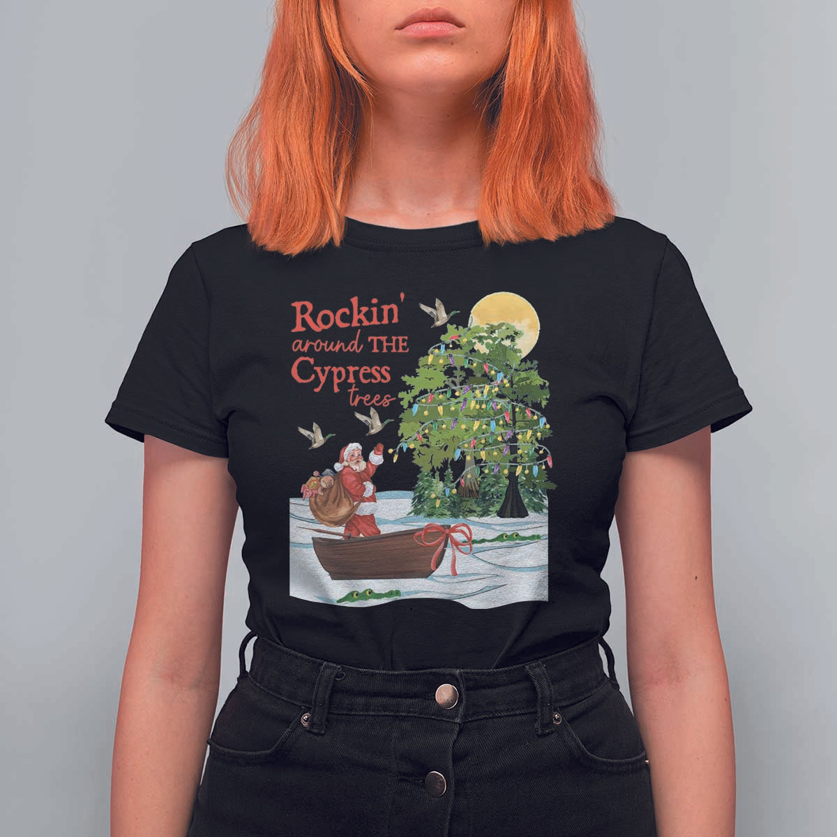 Funny Christmas Cajun Louisiana T Shirt For Women Rockin' Around The Cypress Trees Santa Alligator - Wonder Print Shop